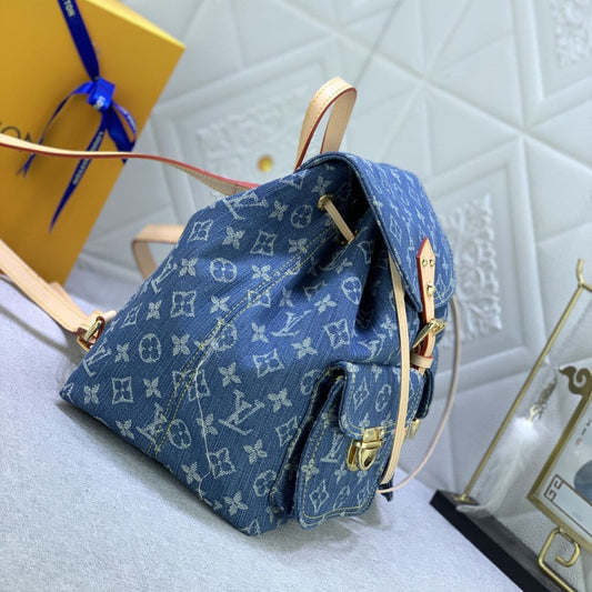 Pronta Entrega – Mochila Modelo Louis Vuitton Monogram Denim Logo Gold Tan