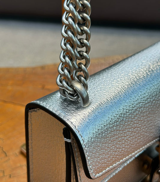 Pronta Entrega – PRONTA-ENTREGA – GUCCI DIONYSUS SUPER MINI BAG METALLIC SILVER LEATHER