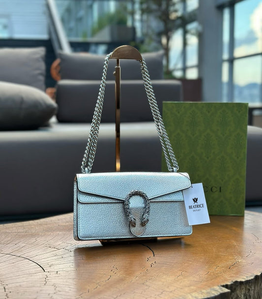 Pronta Entrega – PRONTA-ENTREGA – GUCCI DIONYSUS SUPER MINI BAG METALLIC SILVER LEATHER