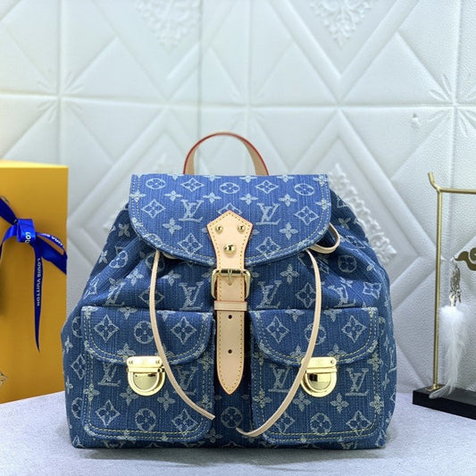 Pronta Entrega – Mochila Modelo Louis Vuitton Monogram Denim Logo Gold Tan